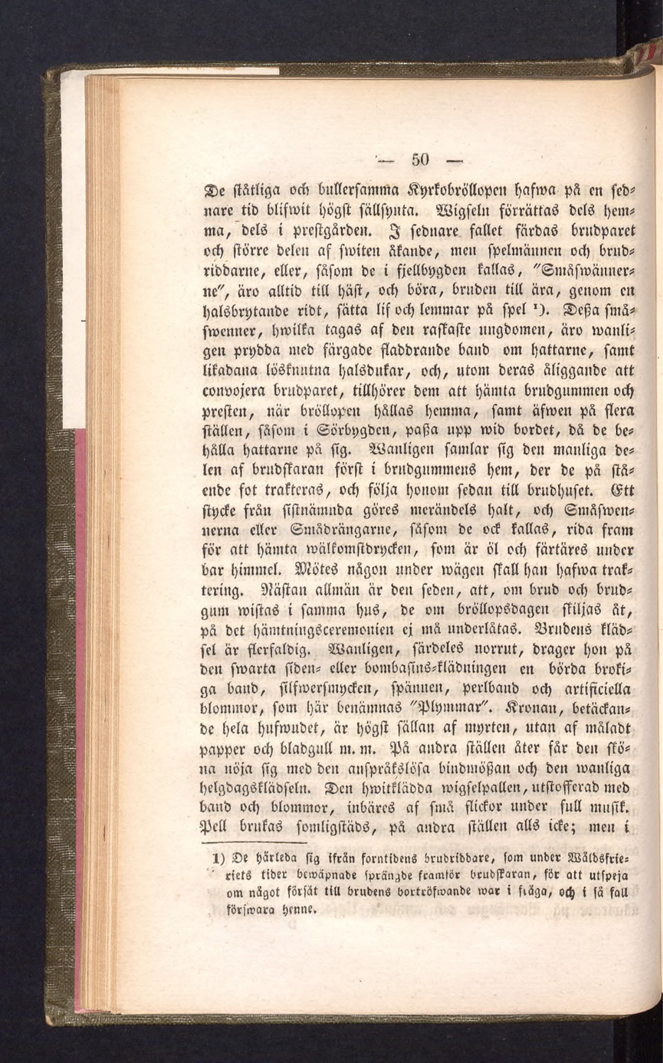 Gulnad boksida med äldre tryckt text som beskriver bröllop i Bohuslän.