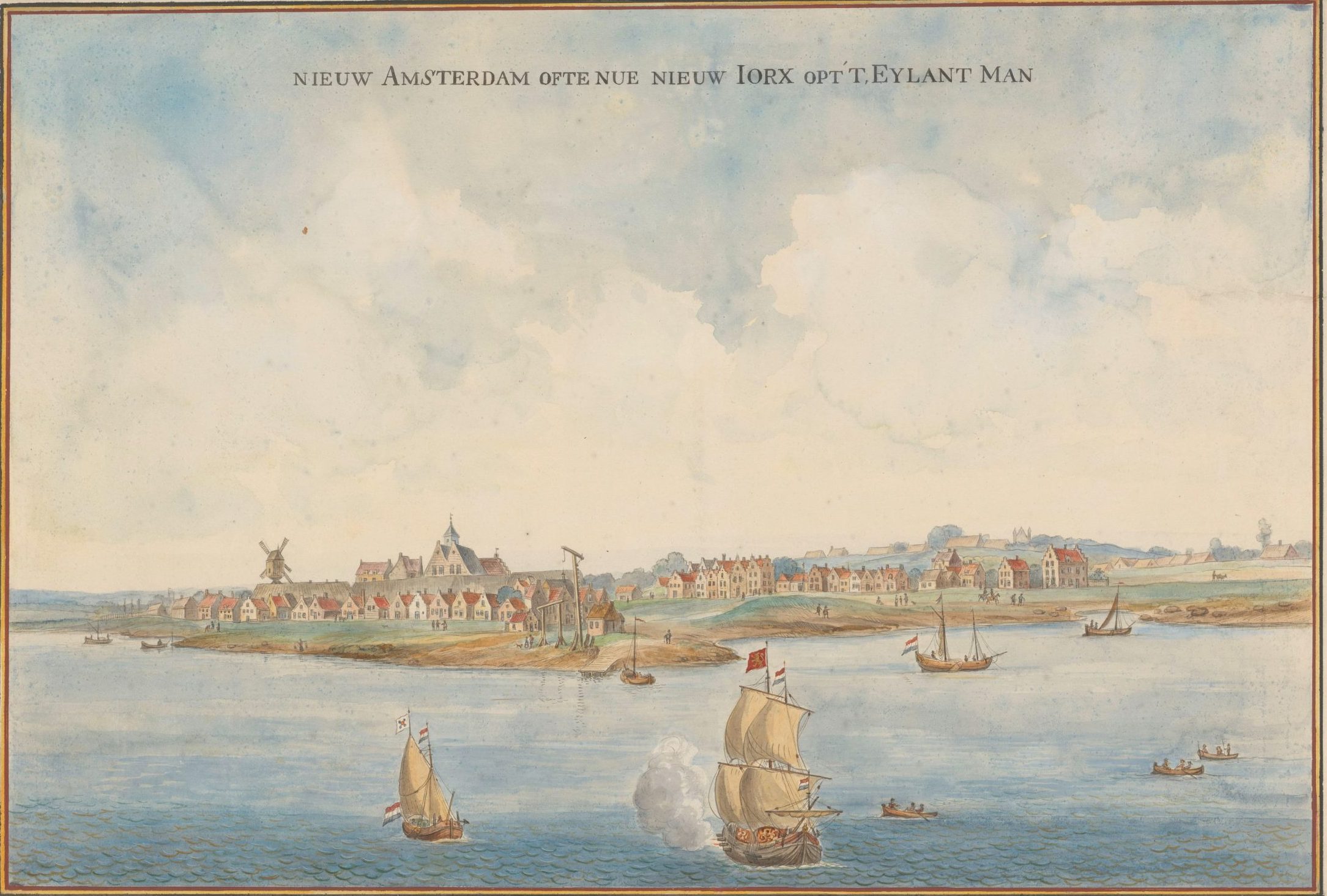 Måleri av en vy in mot land sett från havet. Ett femtiotal tätt byggda tvåvåningshus nedanför en kulle med väderkvarn och kyrka. I vattnet vilar fyra skepp. 