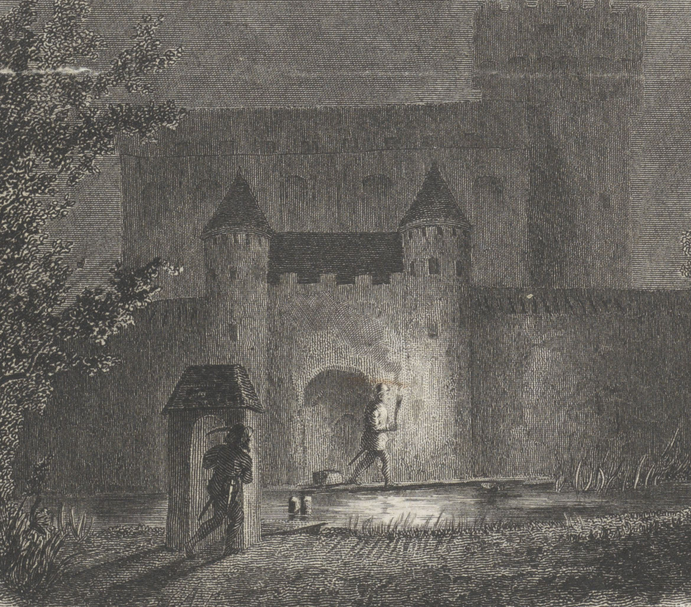 Svartvit teckning av en borg. En person spanar på en vakt som går förbi med en fackla.