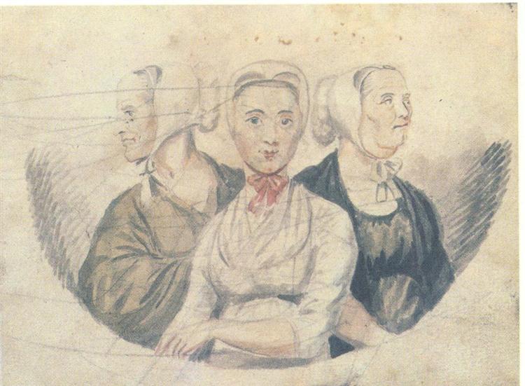 Porträttbild. Tre kvinnor med vita huvudbonader. 