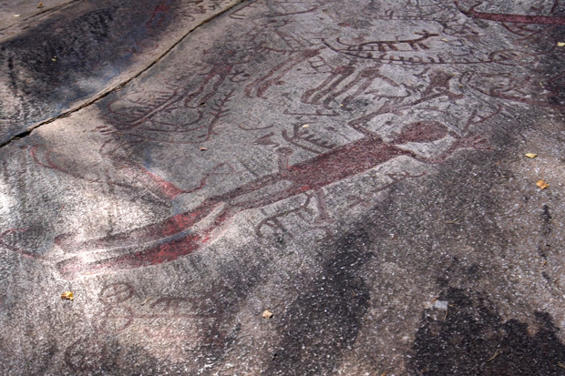 Foto. Inristningar på en berghäll. En man håller sina armar ovanför huvudet och spretar med fingrarna, hans penis är erigerad. Runtom, skepp och fyrfota djur. 
