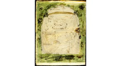 Målning av hällristning. Det avbildade är suddigt, men ett skepp kan anas. 