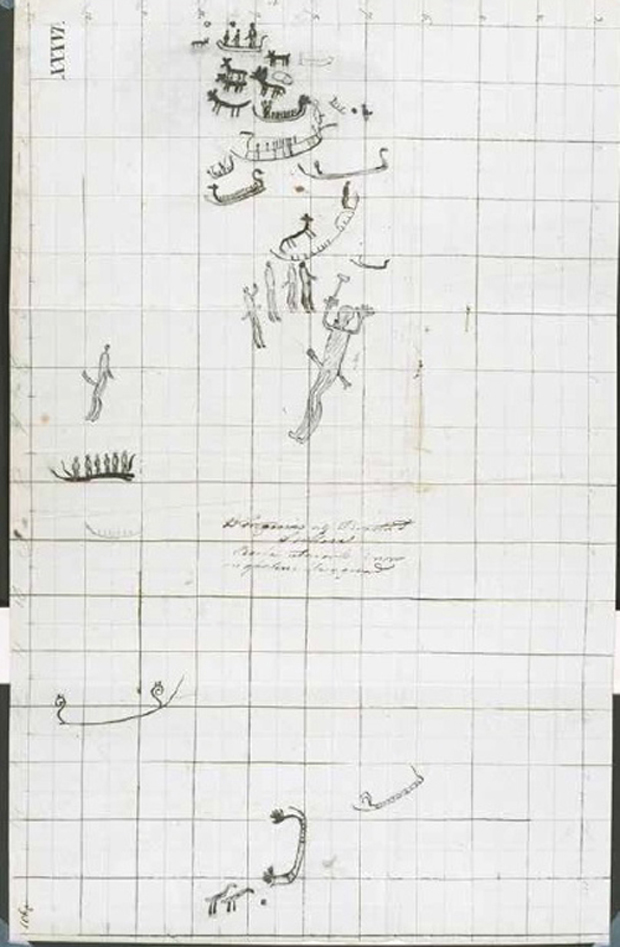 Teckning av hällristning. Konturer av fyra män med erigerade penisar. Runtom, människofigurer i skepp som är uppsvängda i för och akter.