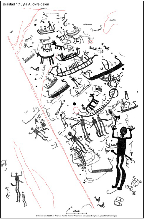 Teckning av hällristning. Ett sextiotal figurer. Skepp, fyrfota djur med horn, fåglar, män med erigerade penisar som håller sina armar över huvudet och spretar med fingrarna. 