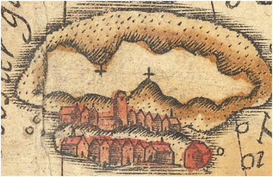 Gultonad karta med bebyggelse på en ö. 