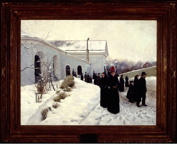 Oljemålning med mörkklädda besökare på väg ut ur kyrkan, en snöig vinterdag. Längst fram en dam med röd dekoration på hatten.