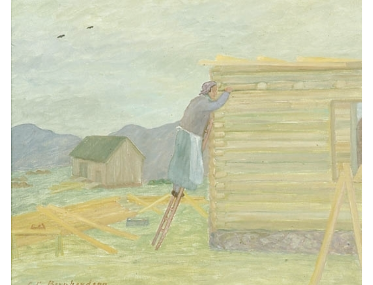 Målning där en kvinna klättrar på en stege vid nybygge av ett timmerhus.