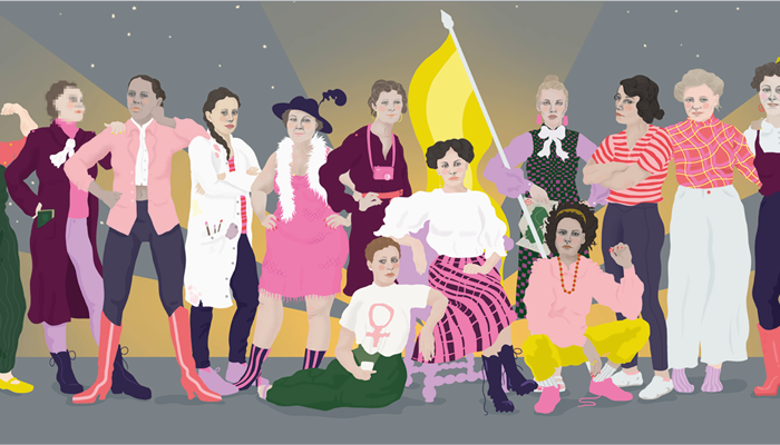 Illustration av sju kvinnor vända mot betraktaren. En av kvinnorna står med ena handen i sidan, med den andra håller hon en gul fana.