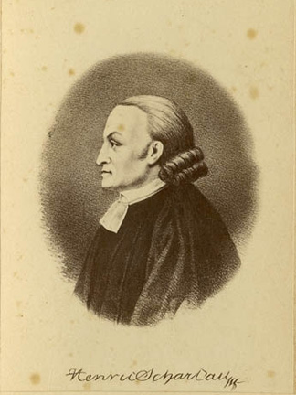 Gulnad bröstbild av en man i profil med peruk och prästkrage.