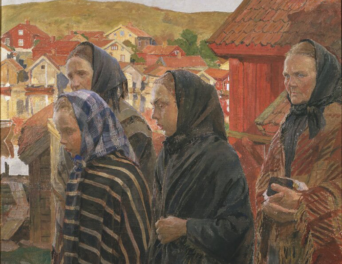 Oljemålning med kvinnor i schaletter framför ett fiskeläge.