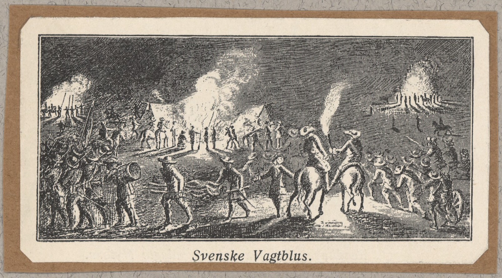 Teckning av ett mörkt landskap där ett hundratal soldater står i klungor runt tre brinnande bål