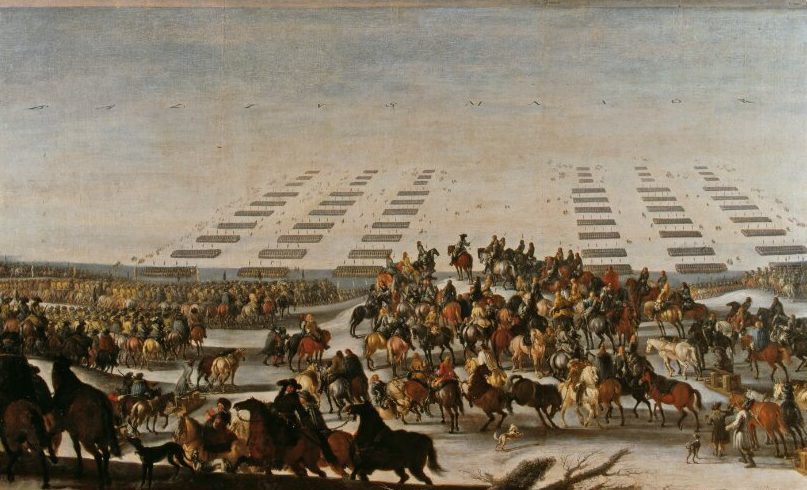 Målning av ett hundratal ridande soldater. På ett islagt vatten i bakgrunden står ytterligare tusentals grupperade soldater.