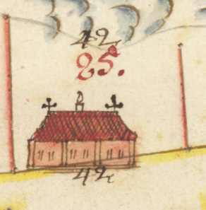 Detalj av kartbild med hussymbol . Huset har rött tak och skorsten.