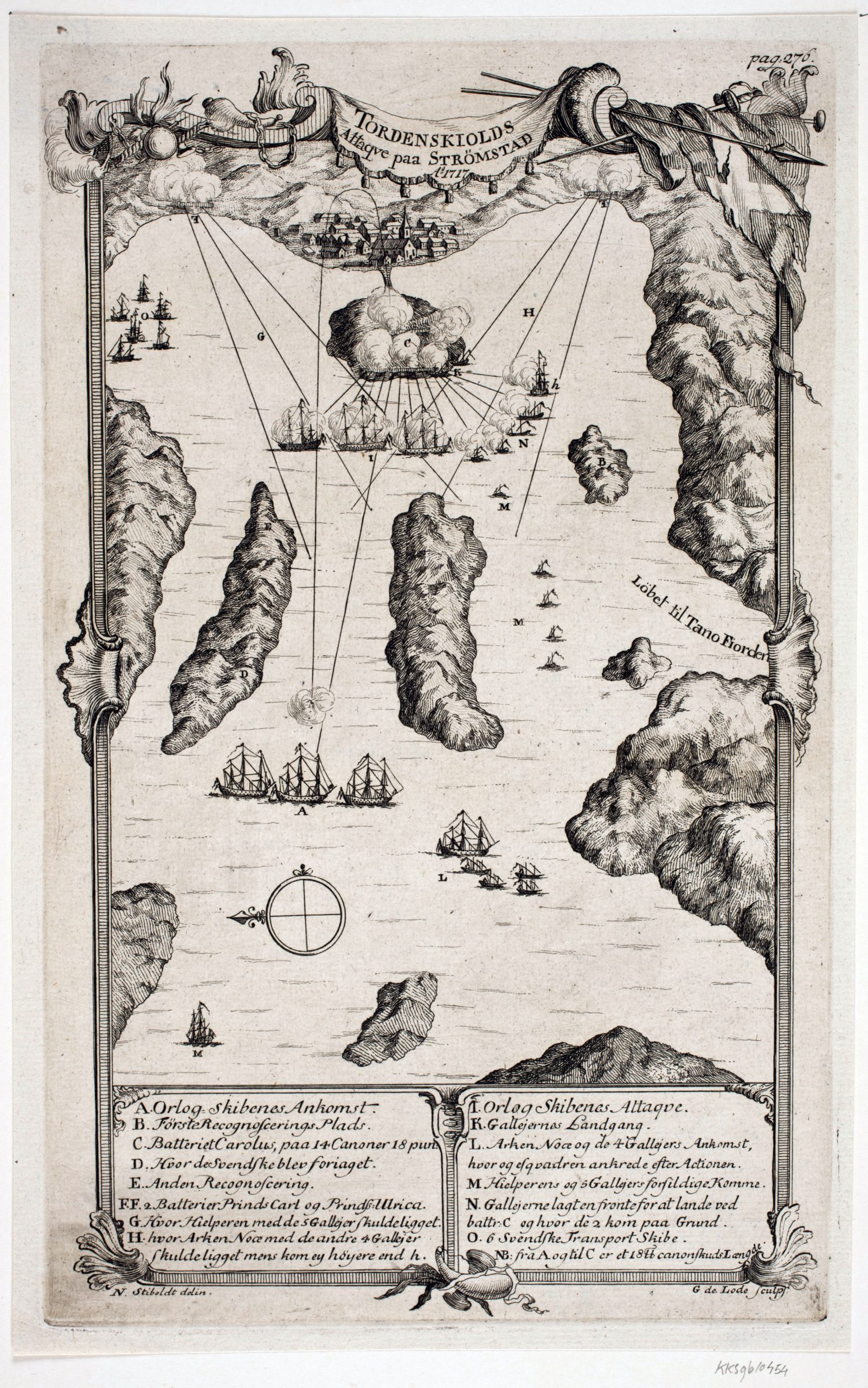 Kartbild visar havsvik med stridande skepp, och en klunga hus överst i bild.