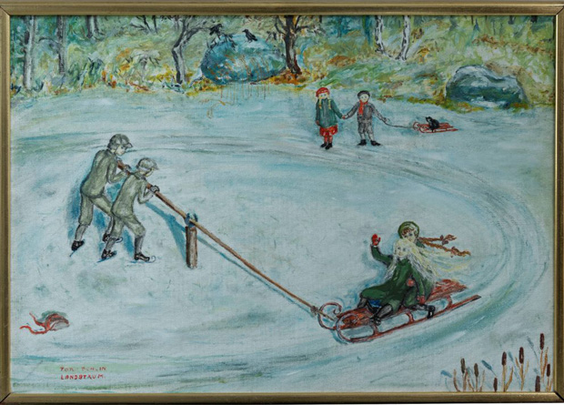 Målning. Två pojkar drar runt två flickor på en kälke på isen med hjälp av en stång. 