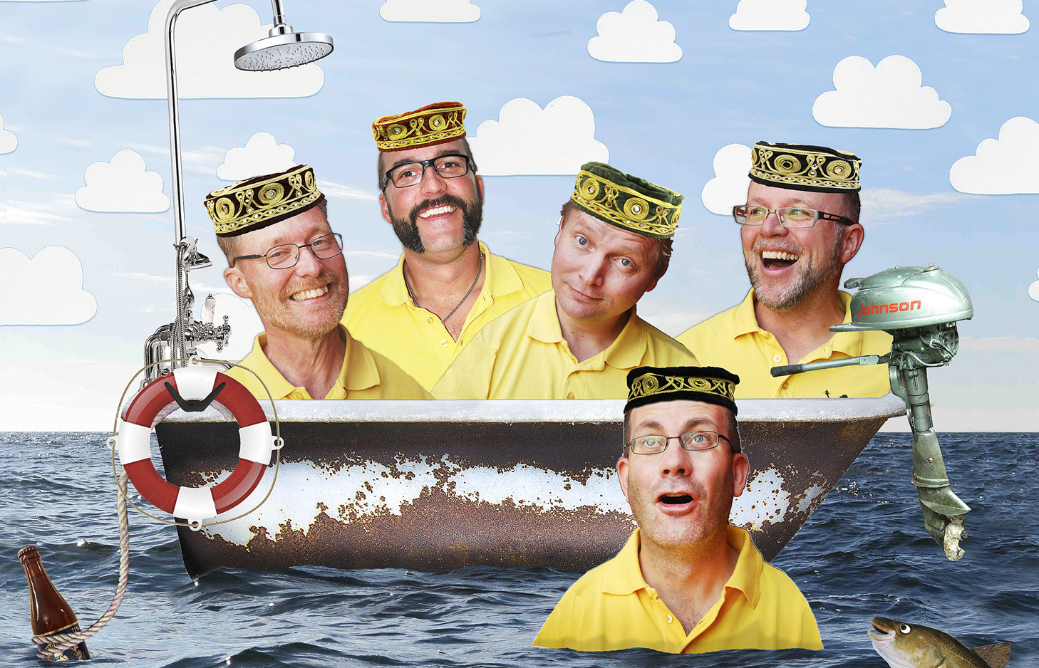 Fotomontage. Ett badkar på ett öppet hav. I badkaret sticker fyra medelålders män upp med leende munnar och huvudbonader. En man sticker upp ur havet i förgrunden