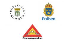Logotyper på vitbakgrund. Logotyper i bilden är Uddevalla kommuns, Polisens och Grannsamverkan