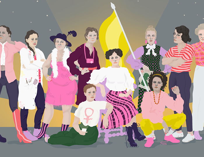 Illustration. Tio kvinnor med olika personliga klädstilar och med ett bestämda ansiktsuttryck. En står med en gul fana en annan sitter ner och har ett rosa kvinnotecken på tröjan.
