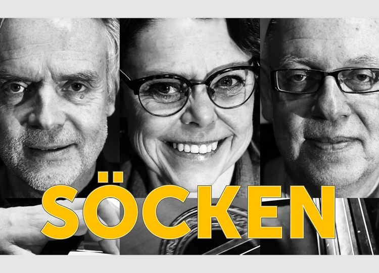 Porträttfoto svartvitt. Närbild på Pier Maupoix, Elisabeth Hallhage, Sören Backman. Gul text i versaler: "Söcken" . Över hela bilden i nederkant.