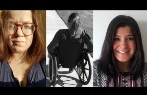 Foto, 3 st högstående på rad. Porträttfoto Jenny Hyltén-Cavallius, svartvitt foto kvinna i rullstol bakifrån, porträttfoto Demet Ergún