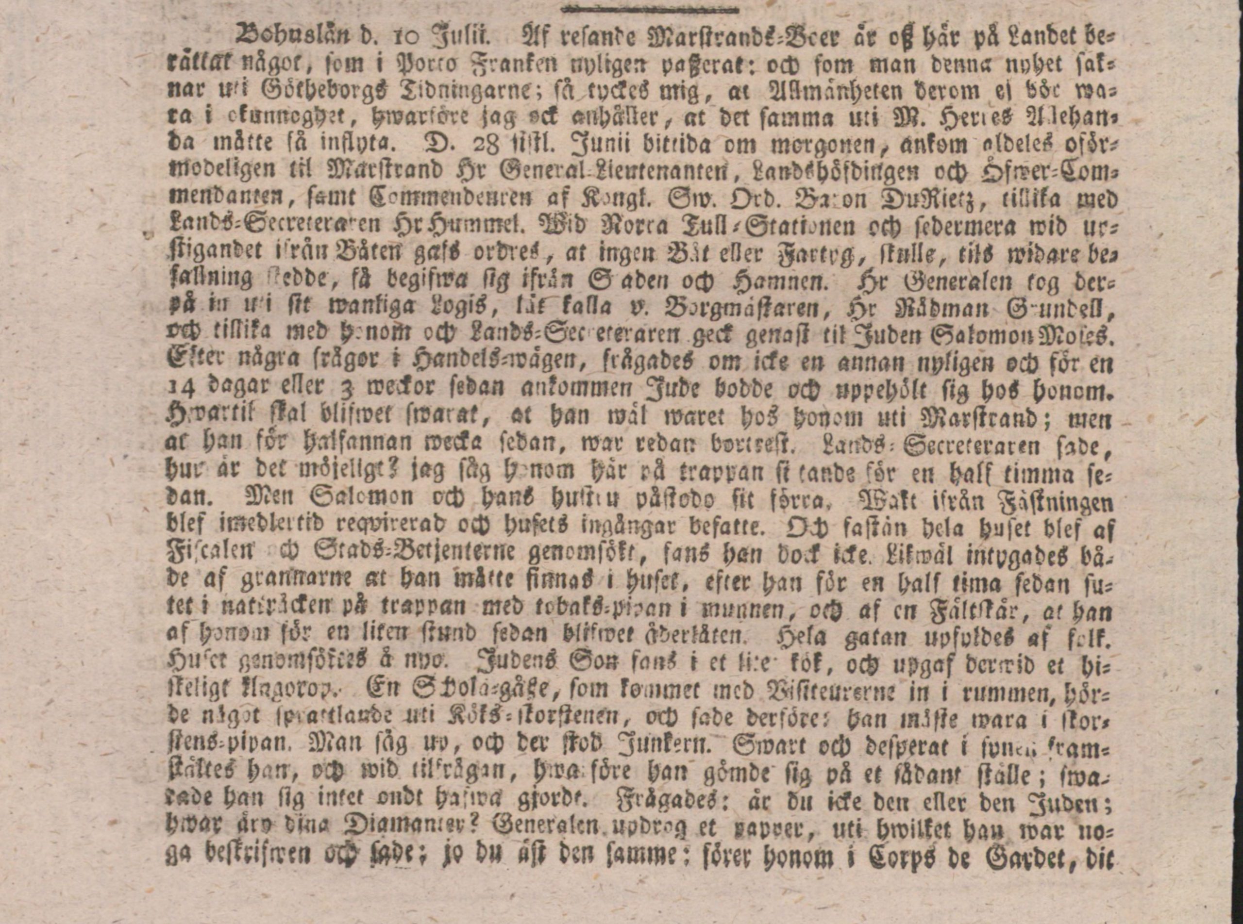 Tidningsartikel med snirklig tryckt text. Frakturstil.