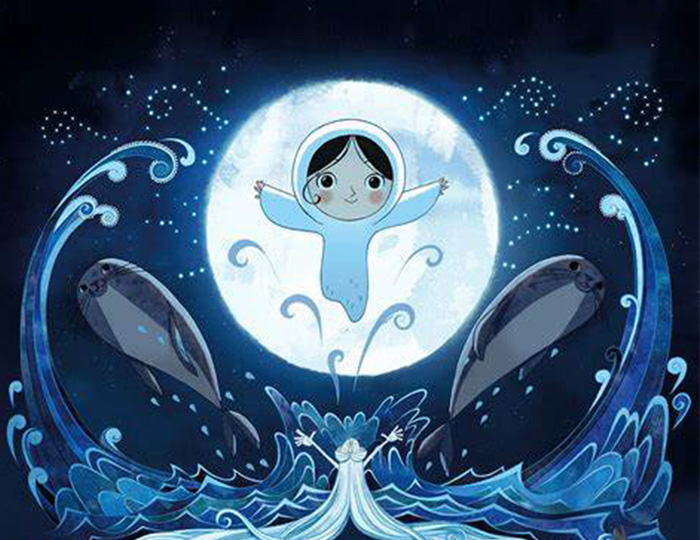 Tecknad bild på en flicka och två sälar som hoppar upp ur havet under månens sken