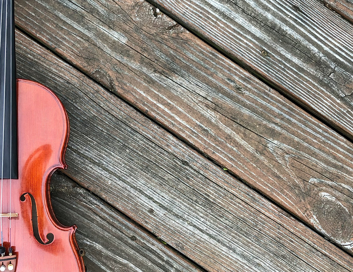 Foto. Närbild på en del av fiol som ligger på en träbrygga.