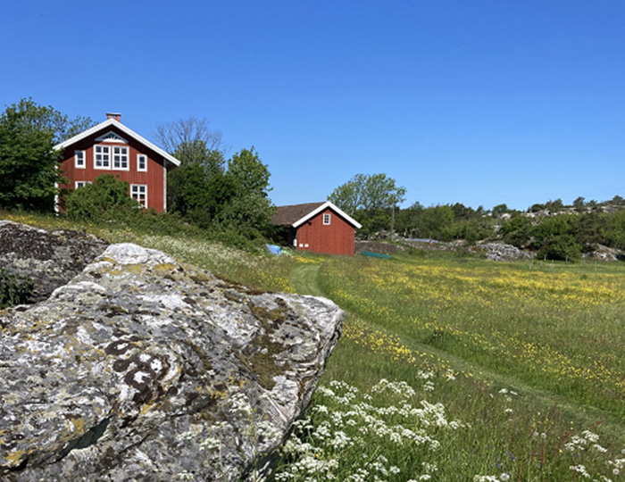 en bild på ett landskap, klippor och två små röda stugor