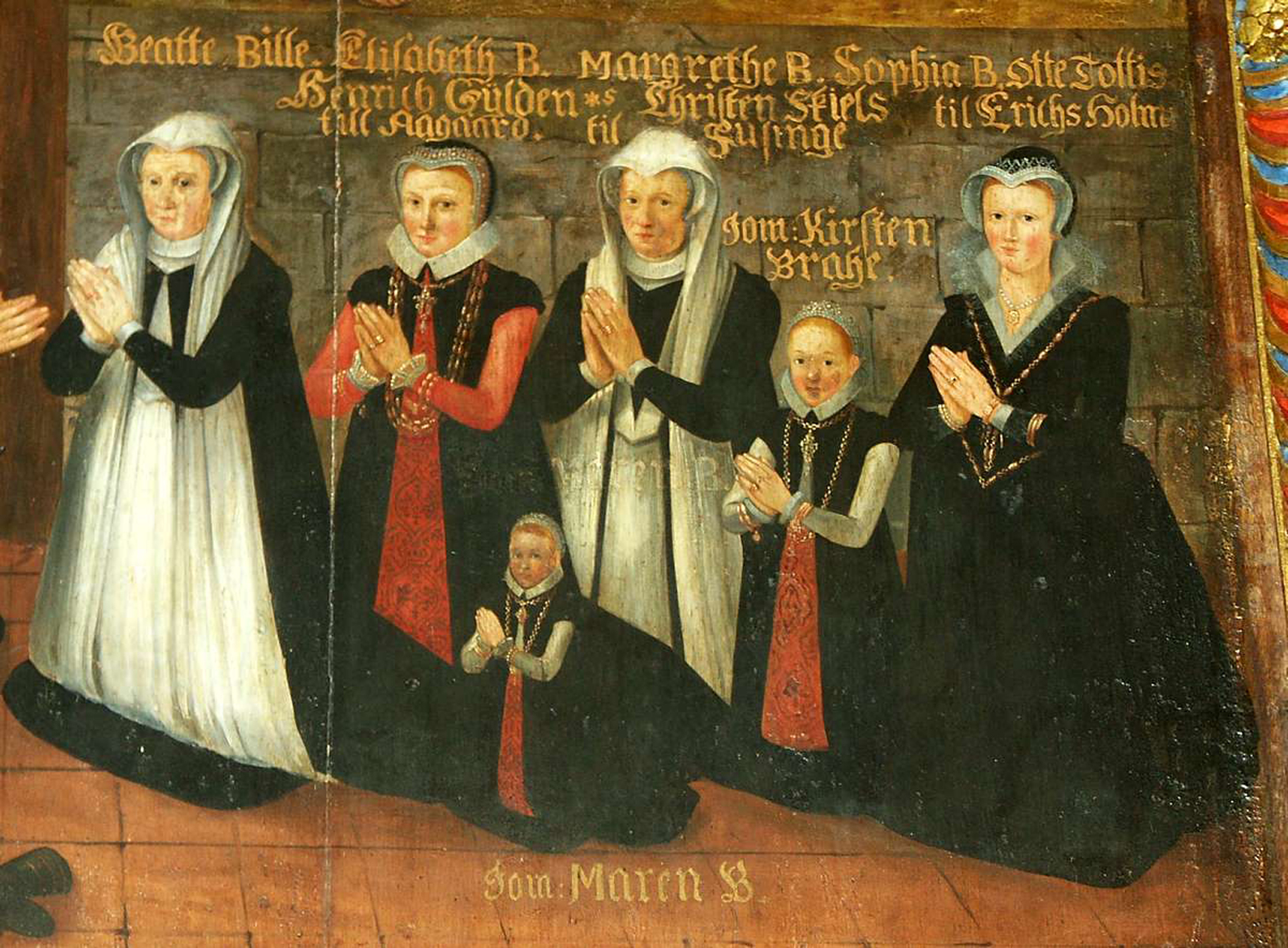 Målning i färg. Gruppbild med fyra vuxna kvinnor och två flickor som står på knä med knäppta händer.