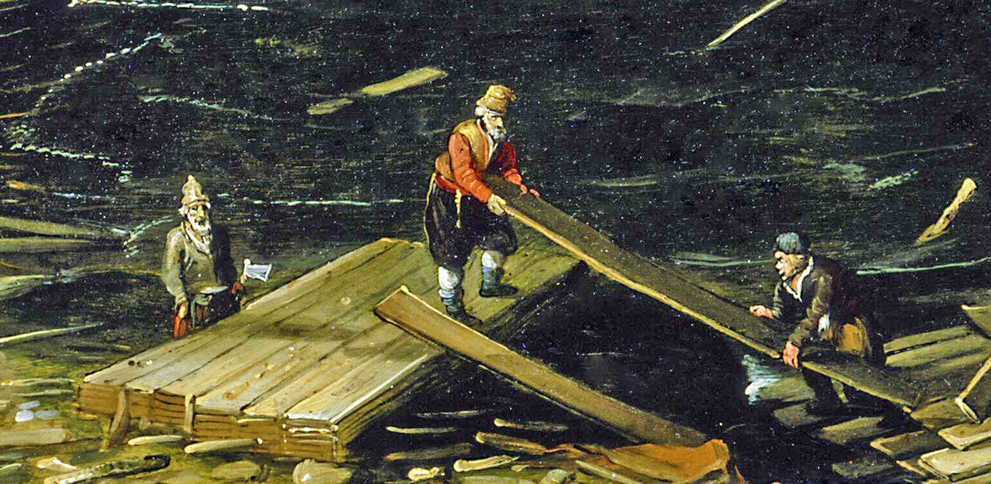Målning med tre män som lastar trävaror i en hamn.