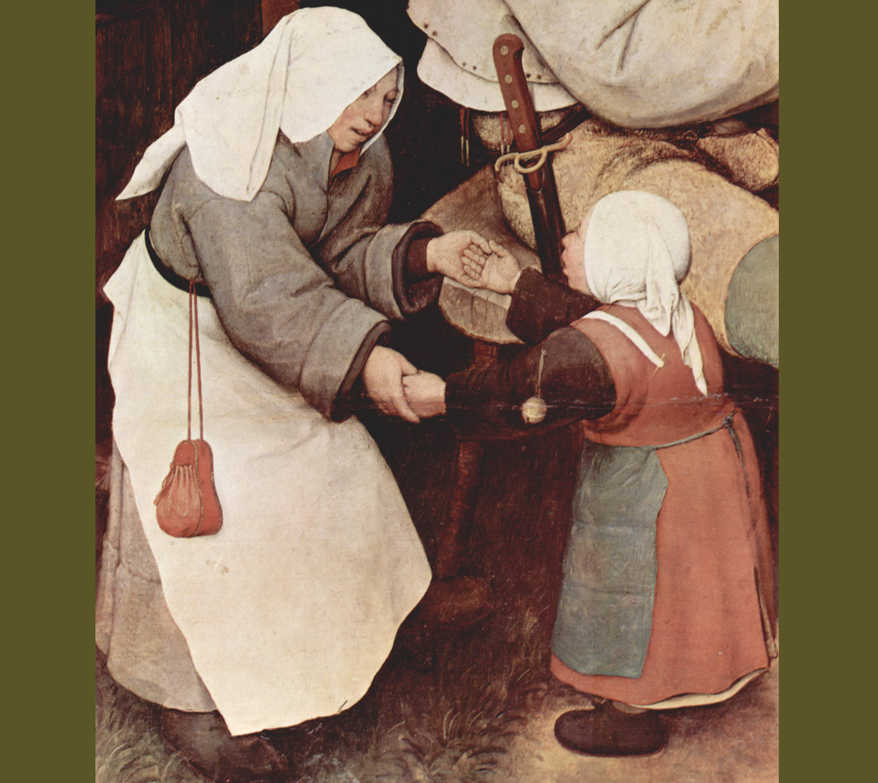 Målning. En yngre kvinna och ett litet barn i långa dräkter, står i profil håller varandra i händerna.
