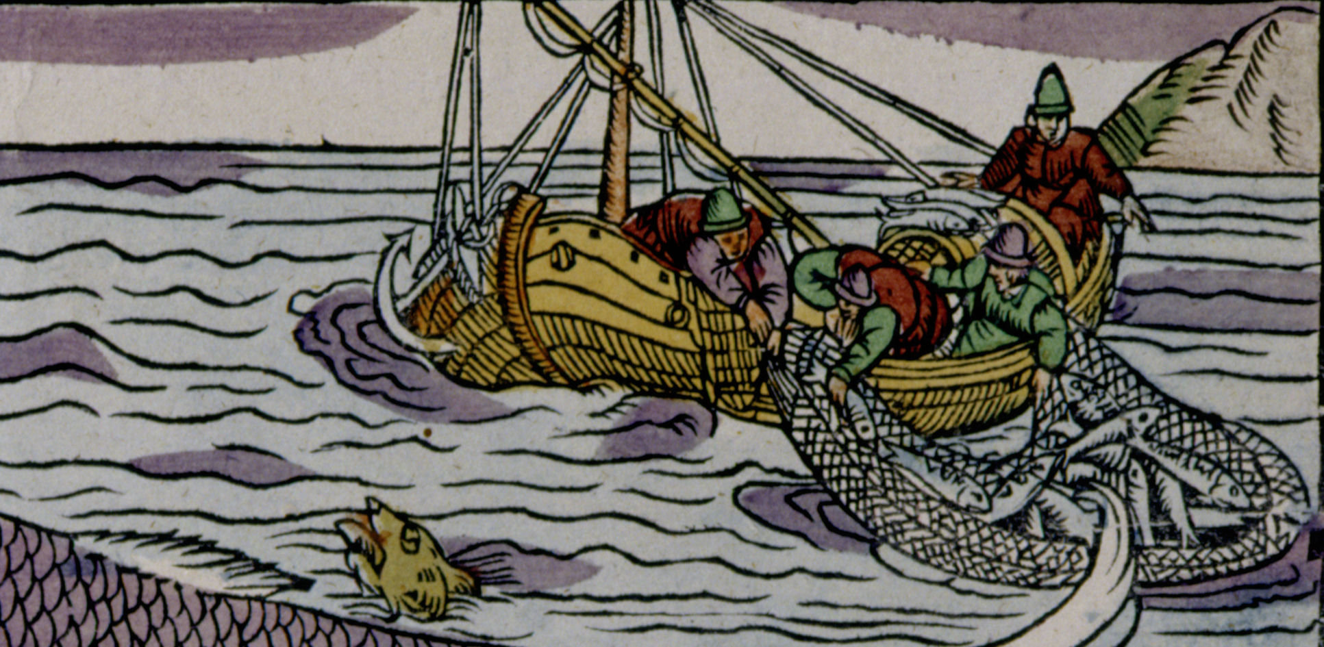 Färglagt tryck med båt och fyra fiskare som drar upp ett nät med fisk.