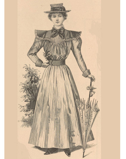 Tecknad helkroppsbild av kvinna i lång kjol och strå hatt.
