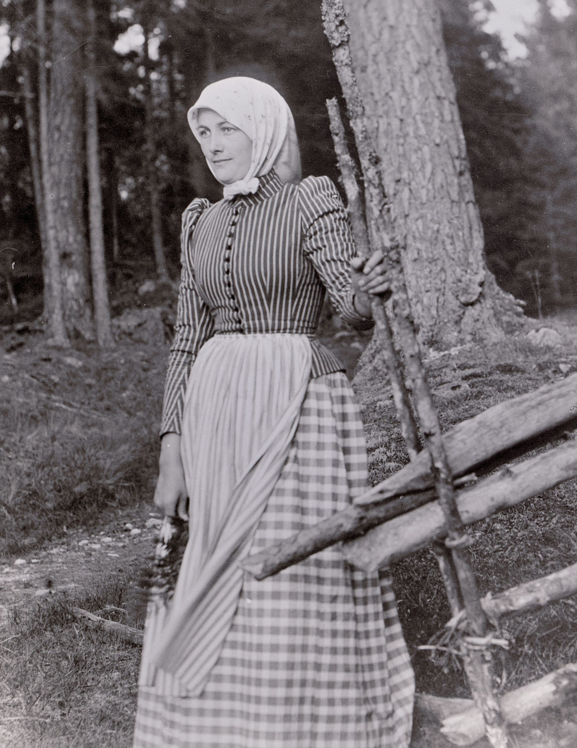 Svartvitt foto. En kvinna i sekelskiftesdräkt vid gärdesgård i skogskanten.