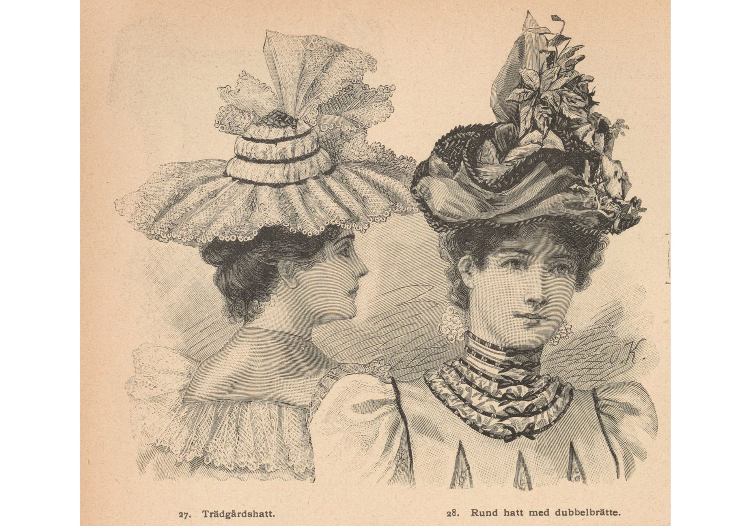 Tecknad bröstbild. Två kvinnor i dekorerade hattar.