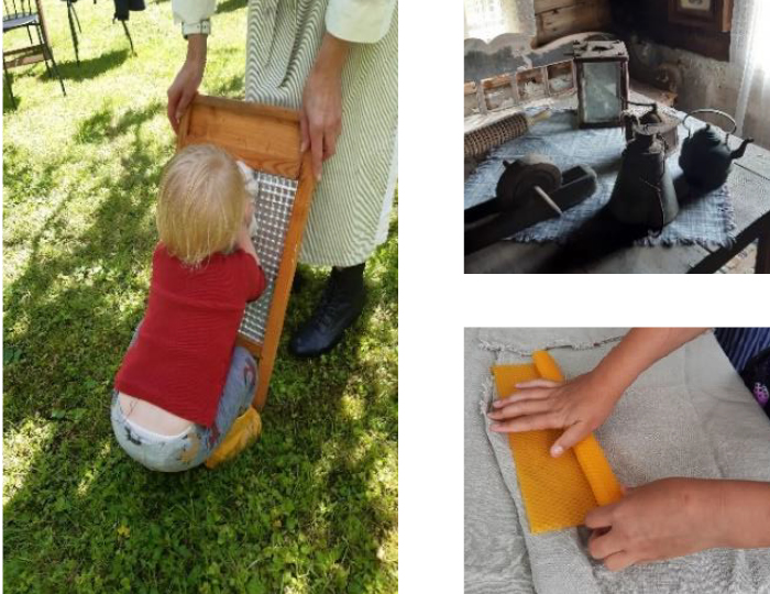 Fotokollage av tre bilder. Till vänster, stående bild: litet barn sitter hukad vid en tvättbräda. Höger hörn uppe, foto på allmoge bruksföremål inifrån ett torp. Höger hörn, nedre: barnhänder som rullar ett ark bivax.