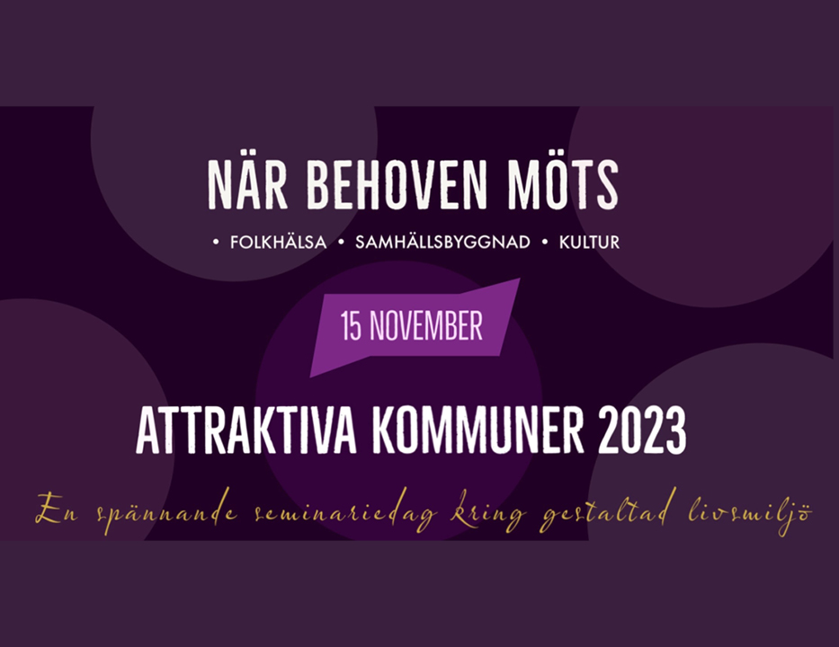 Illustration med text. Mörklila bakgrund med fem ljuslila prickar på. Text i vitt: "När behoven möts. Folkhälsa. Samhällsbyggnad. Kultur. 15 november. Attraktiva kommuner 2023" Text i gult och skrivstil: "En spännande seminariedag kring gestaltad livsmiljö"