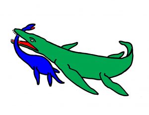 Digital illustration. En klarblå sjöodjursliknande varelse blir biten om halsen av en klar grön sjöodjursliknande varelse. Vit bakgrund.