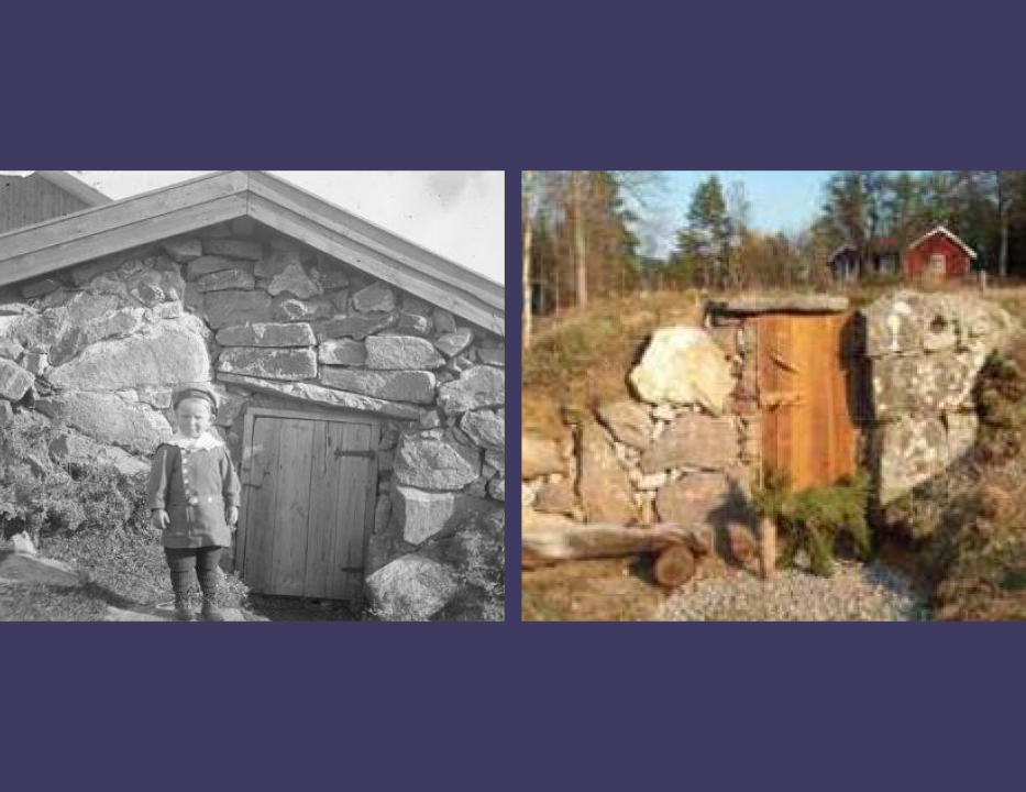 Fotokollage. Mörkt blå bakgrund. Två kvadratiska foton på jordkällare av stenblock bredvid varandra. Till vänster svart vitt foto med ett barn i förgrunden till vänster i färg.