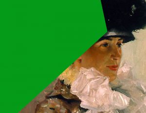Kollage. I vänstra hörnet en klargrön grafisk form som tar upp halva bilden. Andra halvan en del av en oljemålning, porträtt av kvinna.