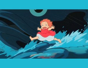 Illustration i manga-stil. I bakgrunden en fiskliknande varelses huvud. i förgrunden ett barn med röd klänning, vita kortbyxor, rött hår. Med stora ögon tittar barnet mot åskådaren, hen har utsträckta armar och springer på en våg.