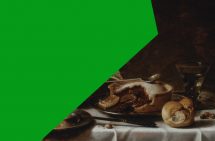 Kollage. I vänstra hörnet en klargrön grafisk form som tar upp halva bilden. Andra halvan en del av en oljemålning, stilleben mat på bord med vit duk