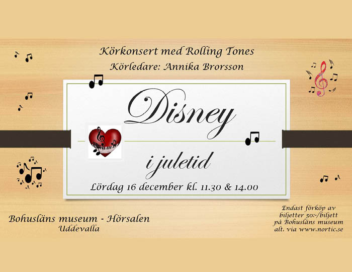 Ett julkort i biege med svarta noter, ett rött hjärta och texten "Disney i juletid"