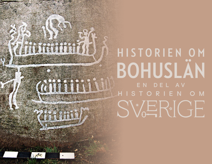 Foto. En kvinnlig akrobat hänger inuti en ring fastsatt i ett träd samt loggan Historien om Bohuslän - en del av Historien om Sverige.