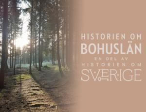 oto. Solen lyser på en skogsglänta med resta stenar samt logga Historien om Bohuslän - en del av Historien om Sverige.