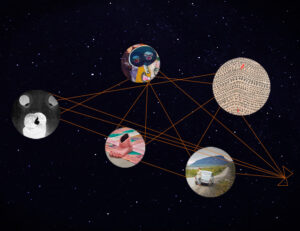 Konstverk. Svart stjärnhimmel i bakgrunden, fyracirklar innehållande olika motiv, nätverk av röda streck mellan cirklarna.