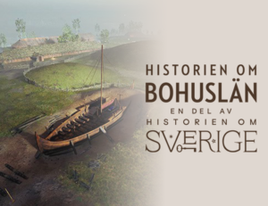 Ett vikingaskepp utan segel i ett grönt landskap. Logga med texten historien om Bohuslän en del av historien om Sverige.