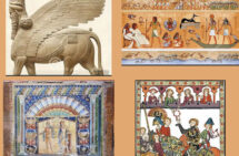 Kollage på biege bakgrund. Fyra olika verk från olika platser, kulturer, tider: assyrisk, egyptisk, pompeji, tidig medeltid