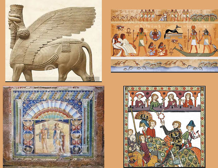 Kollage på biege bakgrund. Fyra olika verk från olika platser, kulturer, tider: assyrisk, egyptisk, pompeji, tidig medeltid