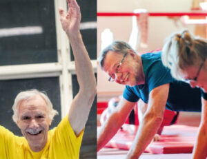 Foto. Till vänster en scenior man som sträcker armarna uppåt, ler stort och tittar in i kameran. Till höger två seniorer som står i armhävningsposition.